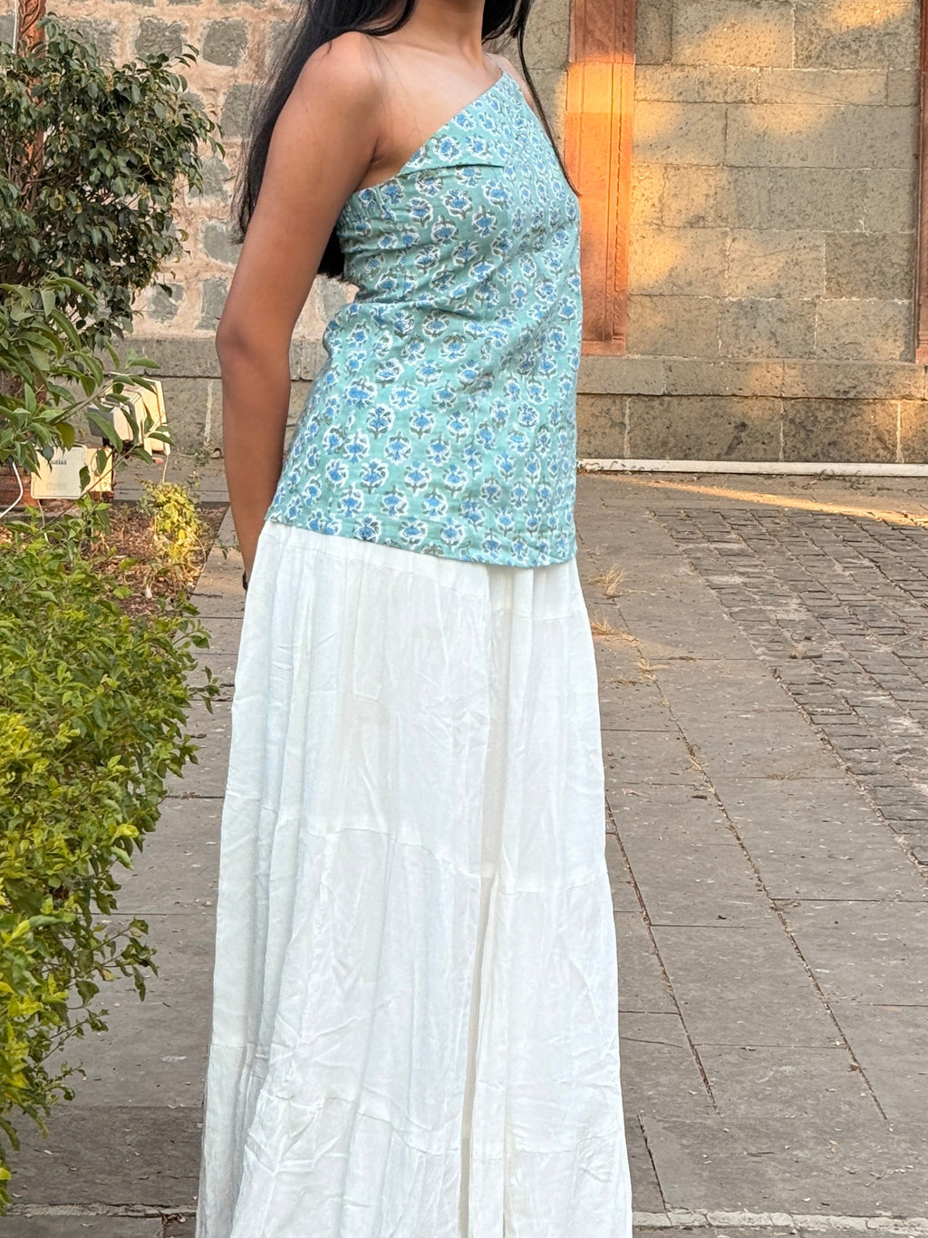 Soft Aqua  Cotton One-Shoulder Top