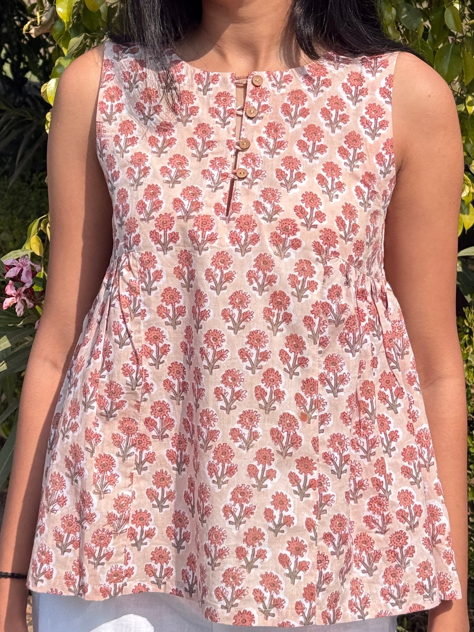 Soft Beige Cotton Gathered Top