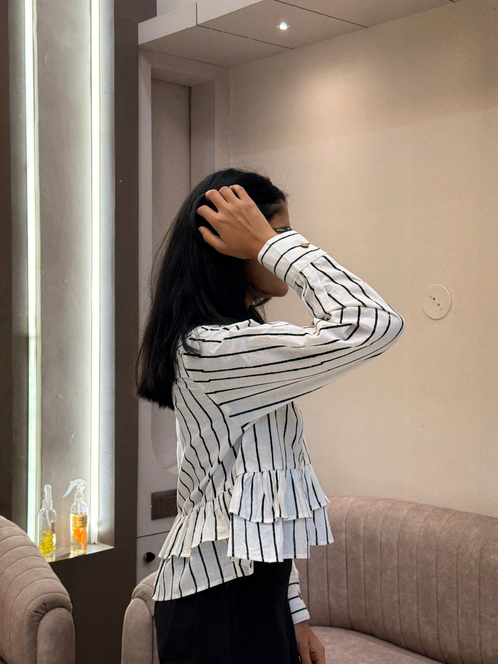 Lahar Stripe Hand Block Printed Ruffle Shirt