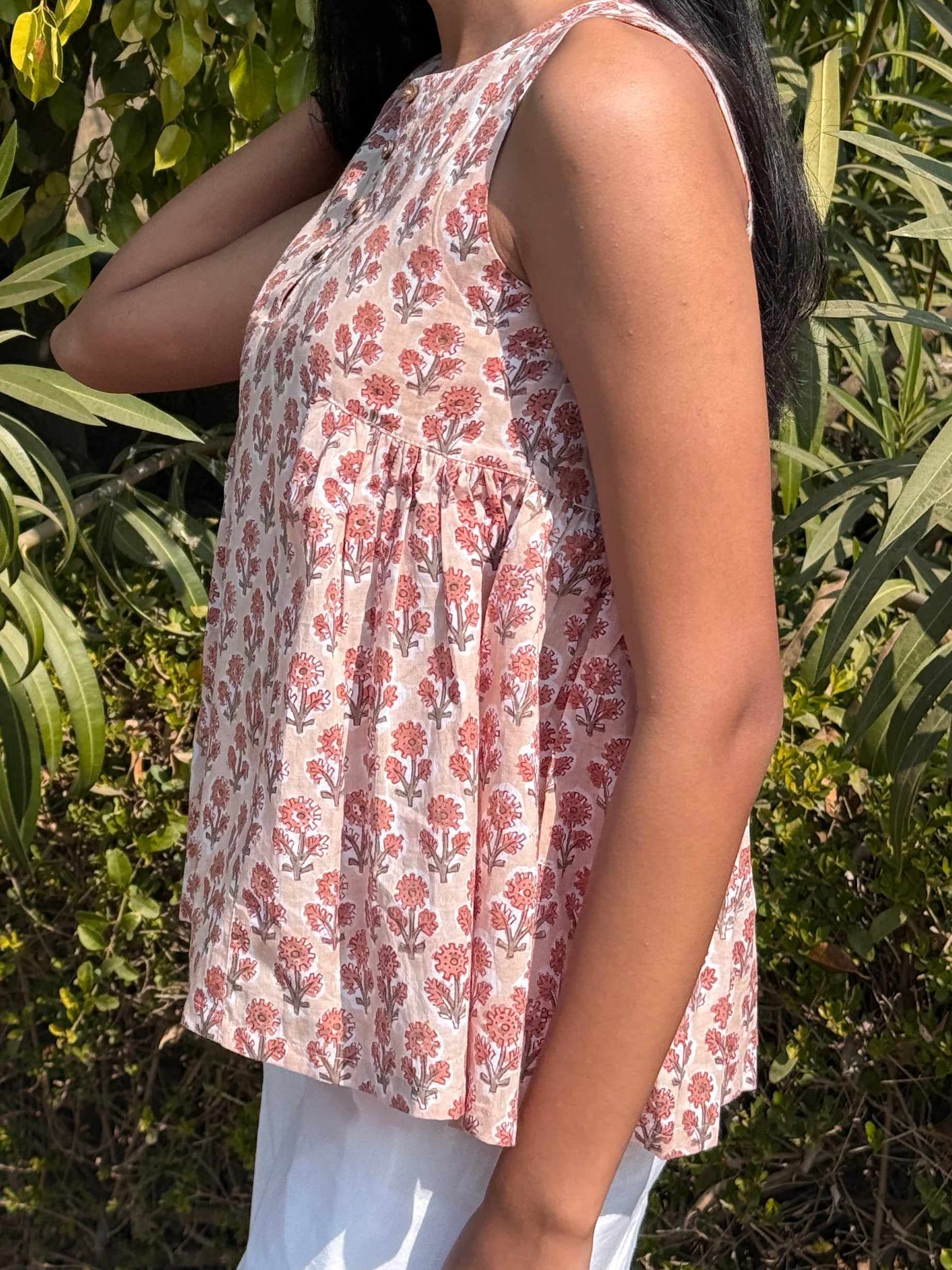 Soft Beige Cotton Gathered Top