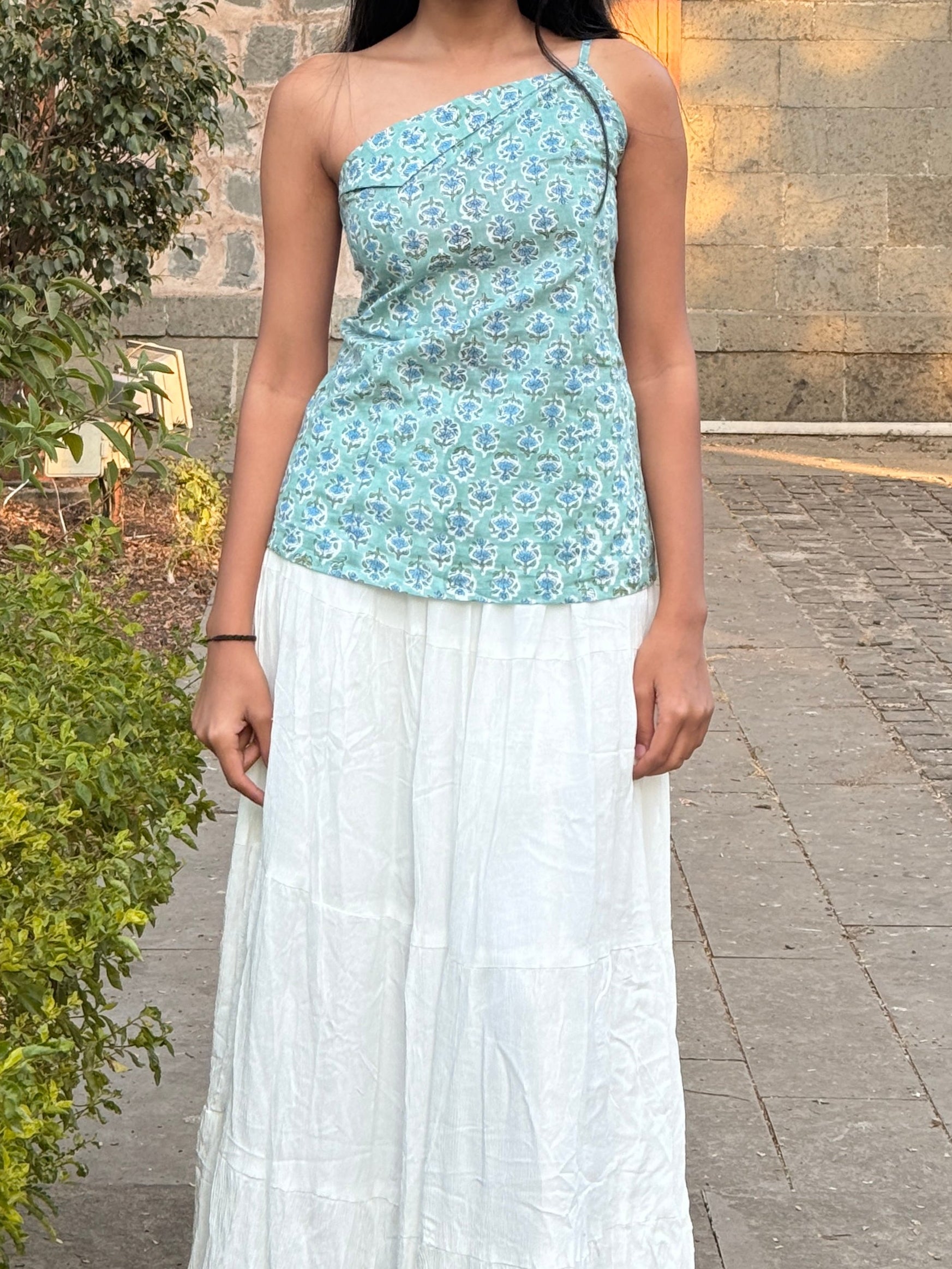 Soft Aqua  Cotton One-Shoulder Top