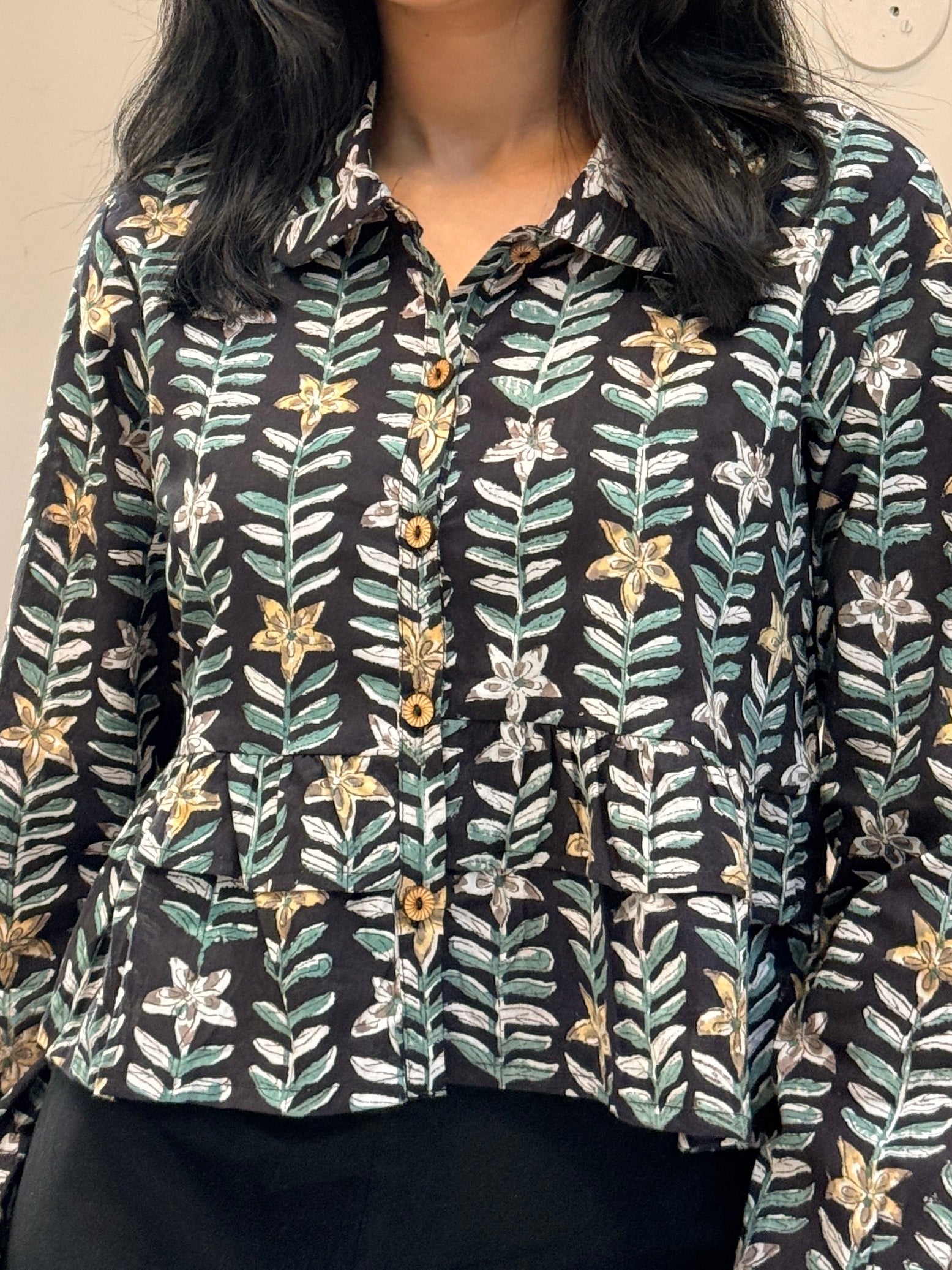 Vana Hand Block Printed Ruffle Shirt