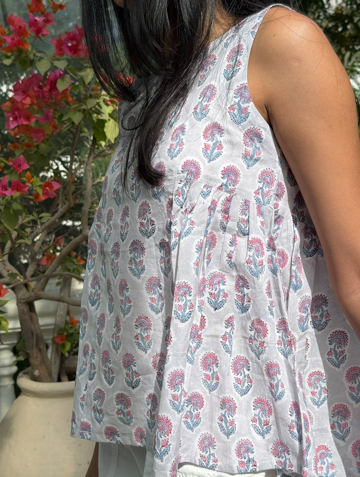 Pearl Grey Cotton Gathered Top