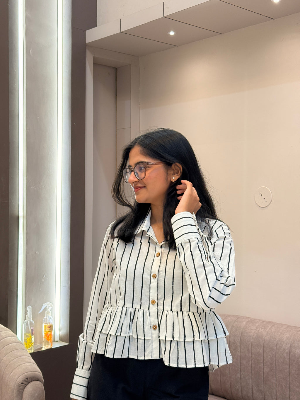 Lahar Stripe Hand Block Printed Ruffle Shirt