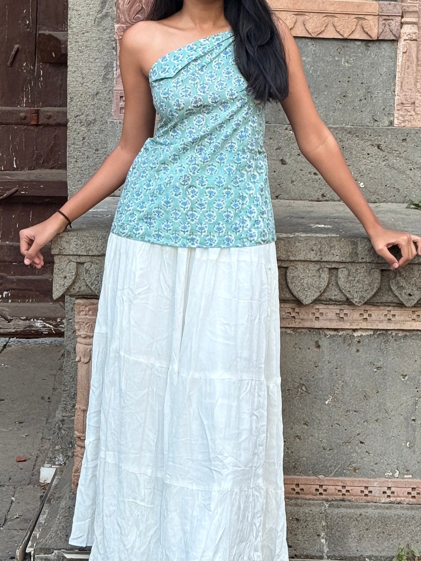 Soft Aqua  Cotton One-Shoulder Top